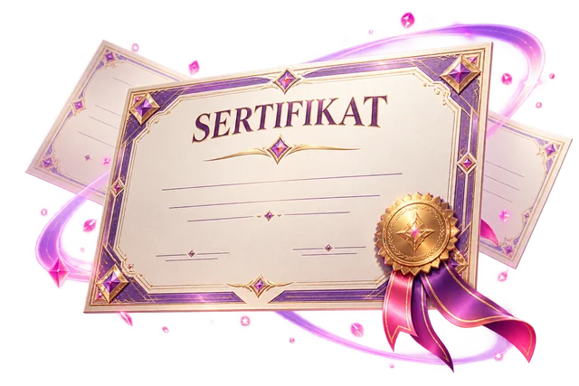 Sertifikat anime dengan bingkai ungu, ornamen emas dan pita pink